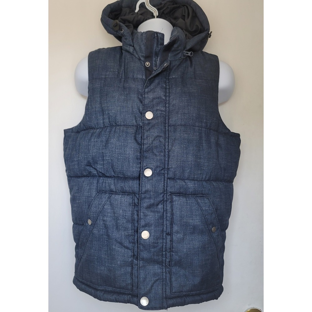 Old Navy Mens M Tall Heather Blue Hooded Puffer Vest Quilted Padded Minimalist